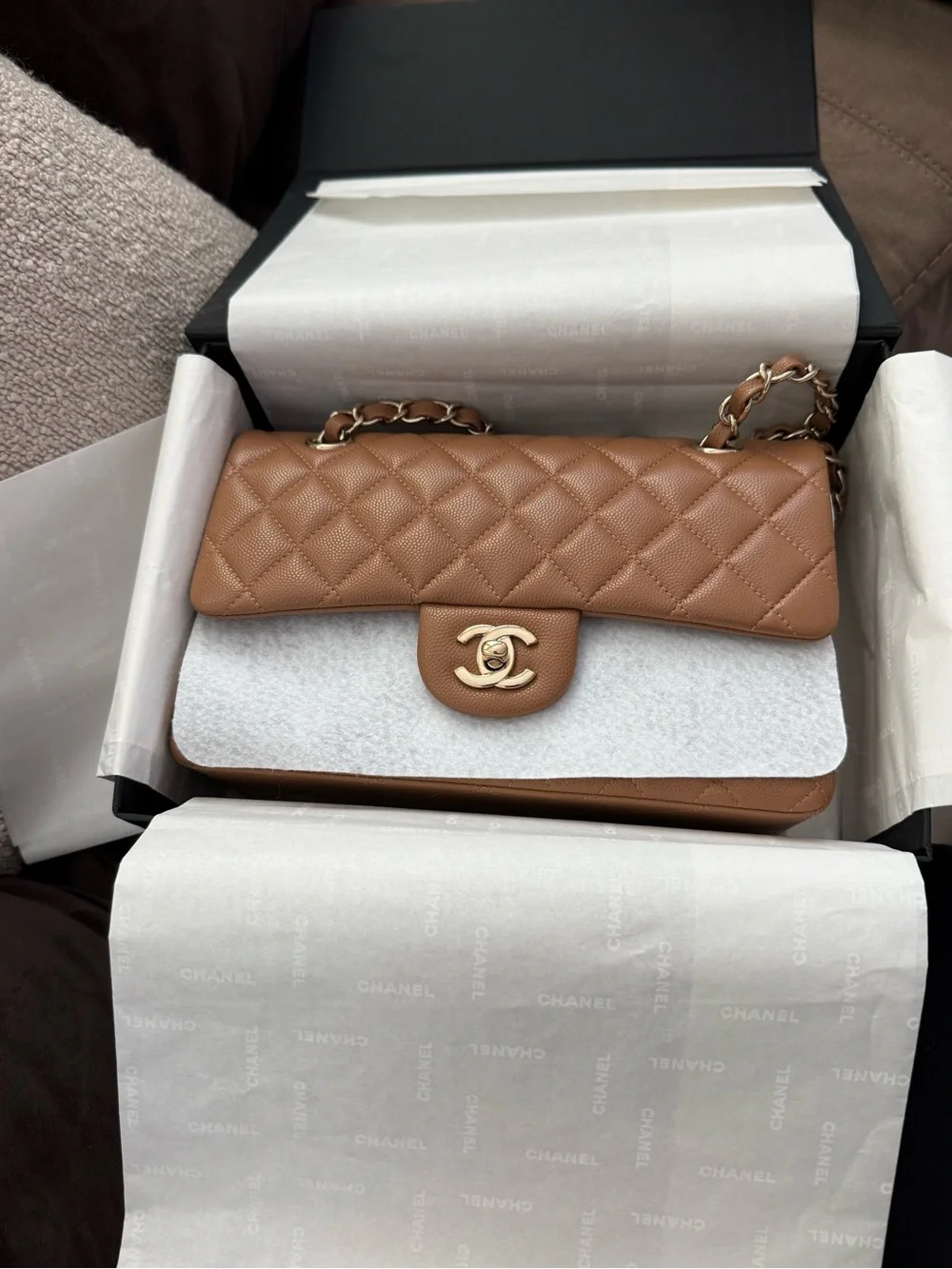 Chanel Quilted Caviar Classic small Double Flap bag in a caramel tone